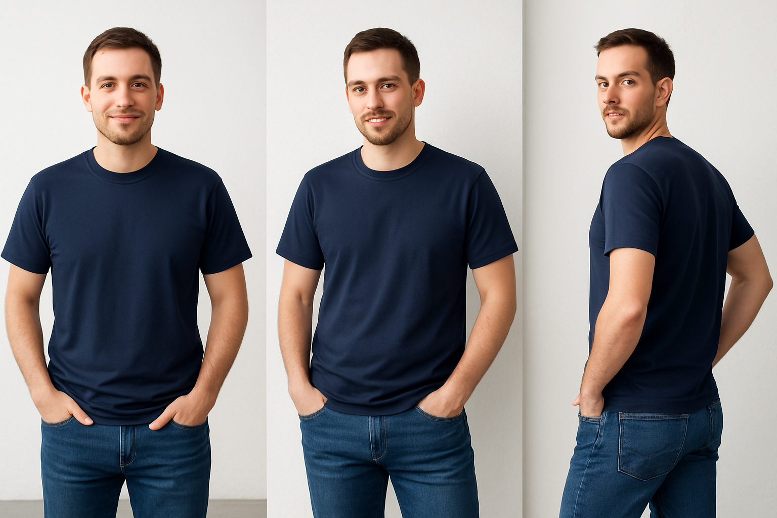 30-year-old person wearing navy blue t-shirt in different poses with hands in pockets