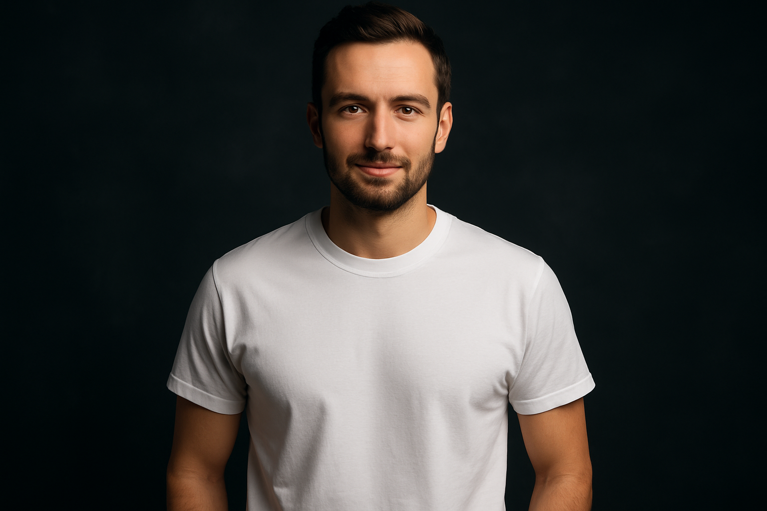 Generated image of a 30-year-old man wearing a white t-shirt against a dark background